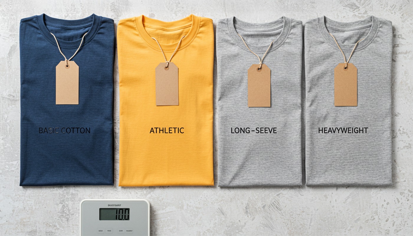 Folded T-shirts with labels and a digital scale