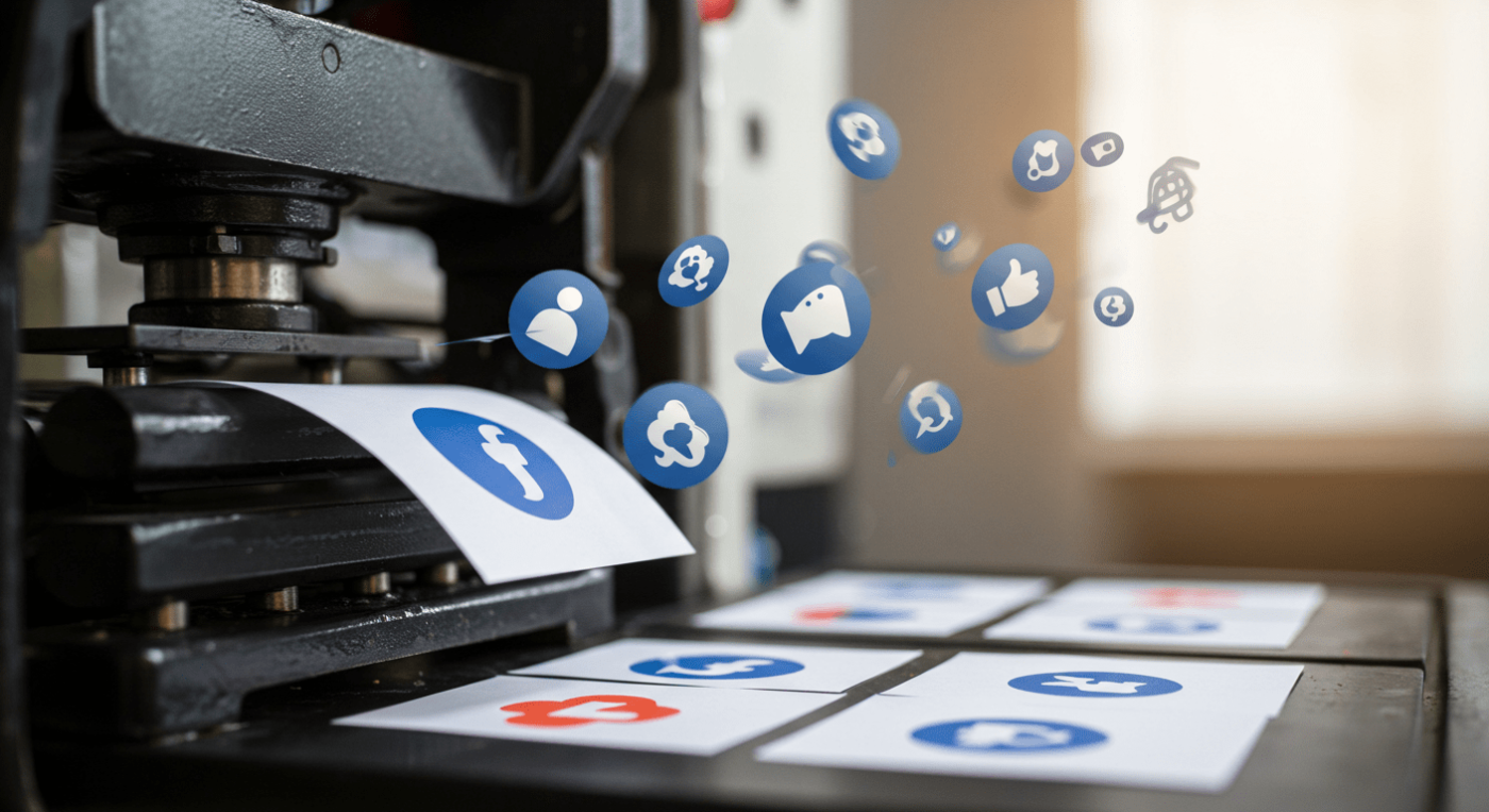 Printing press producing sheets with social media icons, surrounded by floating blue and white digital symbols.