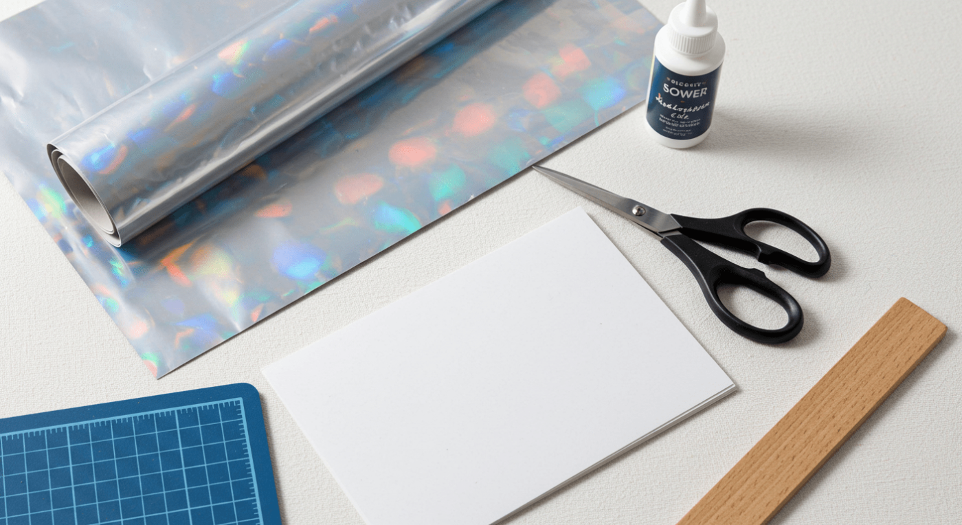 Craft supplies including holographic wrapping paper, scissors, glue, a cutting mat, and a piece of white paper.
