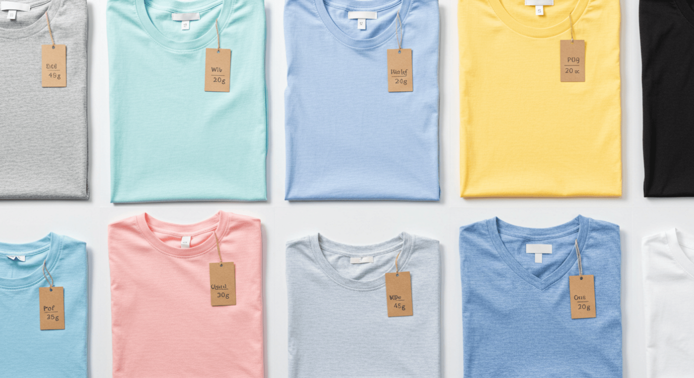 Folded T-shirts in various colors with weight tags