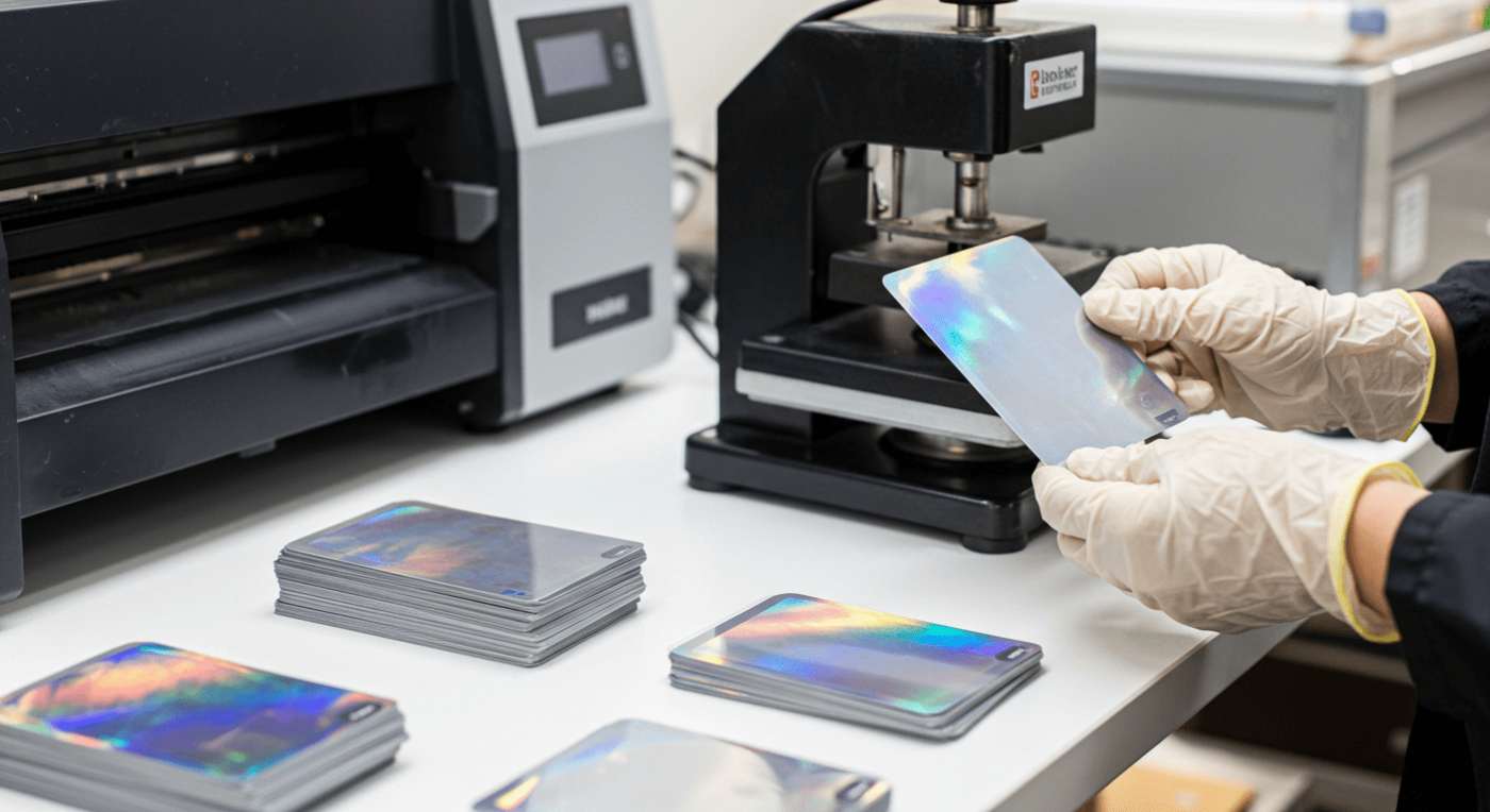 A person in gloves holds a shiny holographic card near a heat press, with stacks of similar cards on the table.