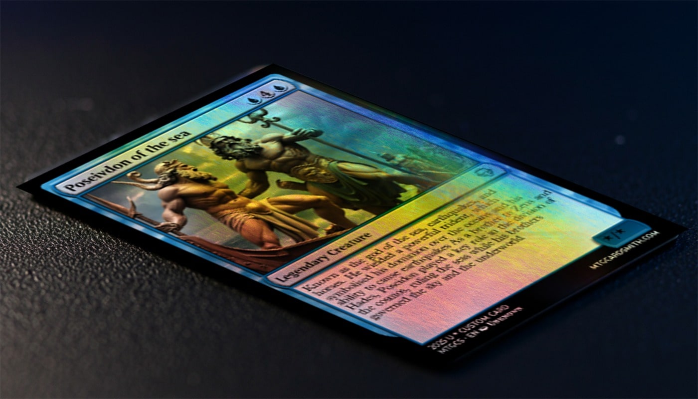 A trading card titled 'Poseidon of the Sea' showing a muscular god figure with a trident and another figure beside him.