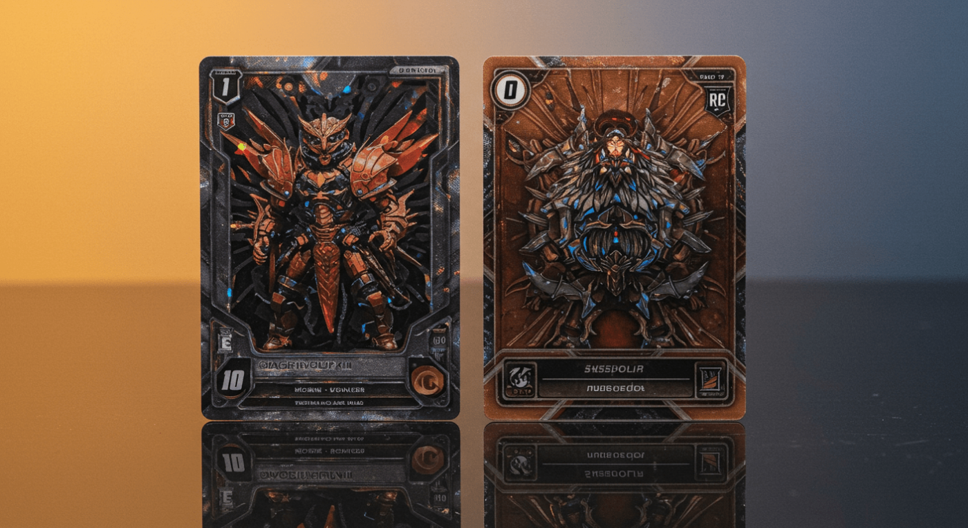 Two collectible cards displayed on a reflective surface. The left card shows a detailed armored character, while the right card features a creature with spikes and intricate designs.