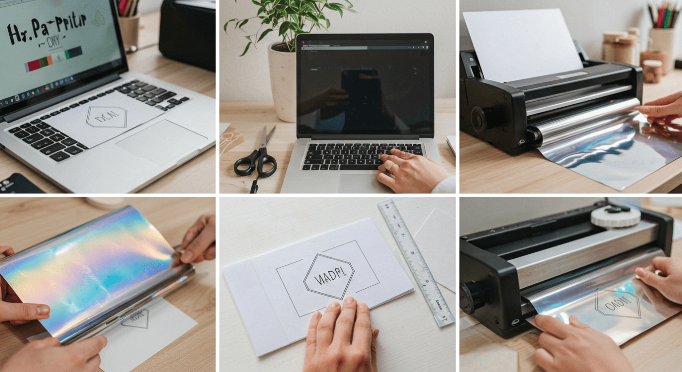 A collage showing crafting steps: a laptop with a design, scissors, foiling, and a laminator.