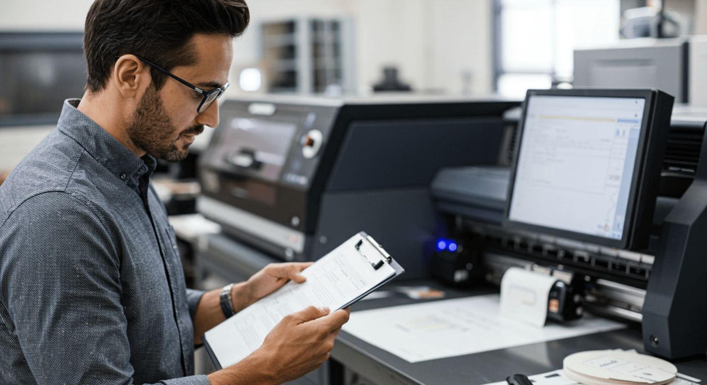 Man reviewing a document on a clipboard in front of a professional printer in an office setting.