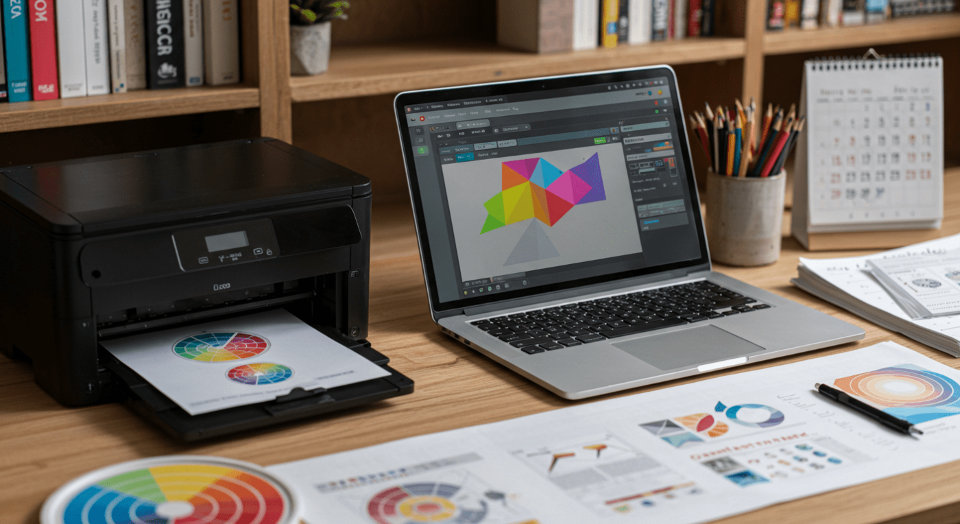 Graphic design workspace with a laptop displaying design software, an Epson printer printing a color wheel, and a desk calendar with colored pencils.