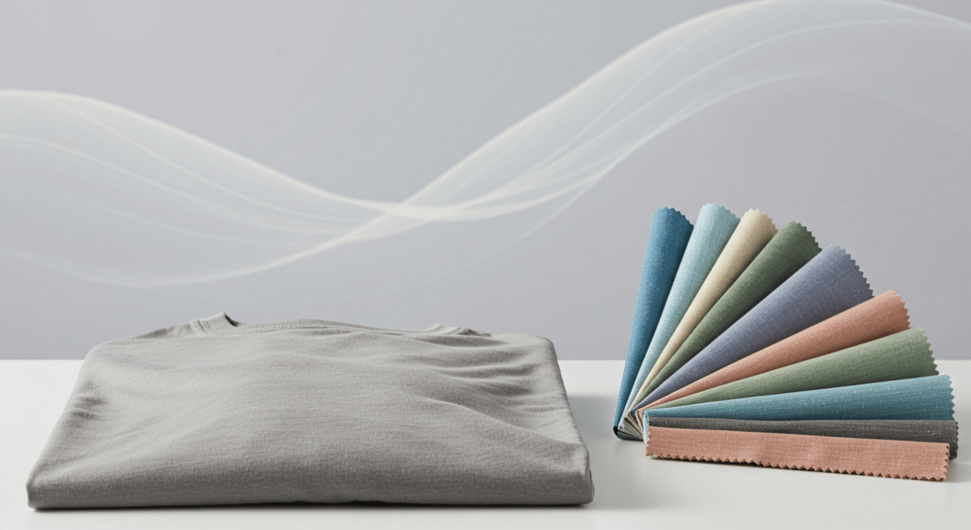 folded t shirt with fan of fabrics