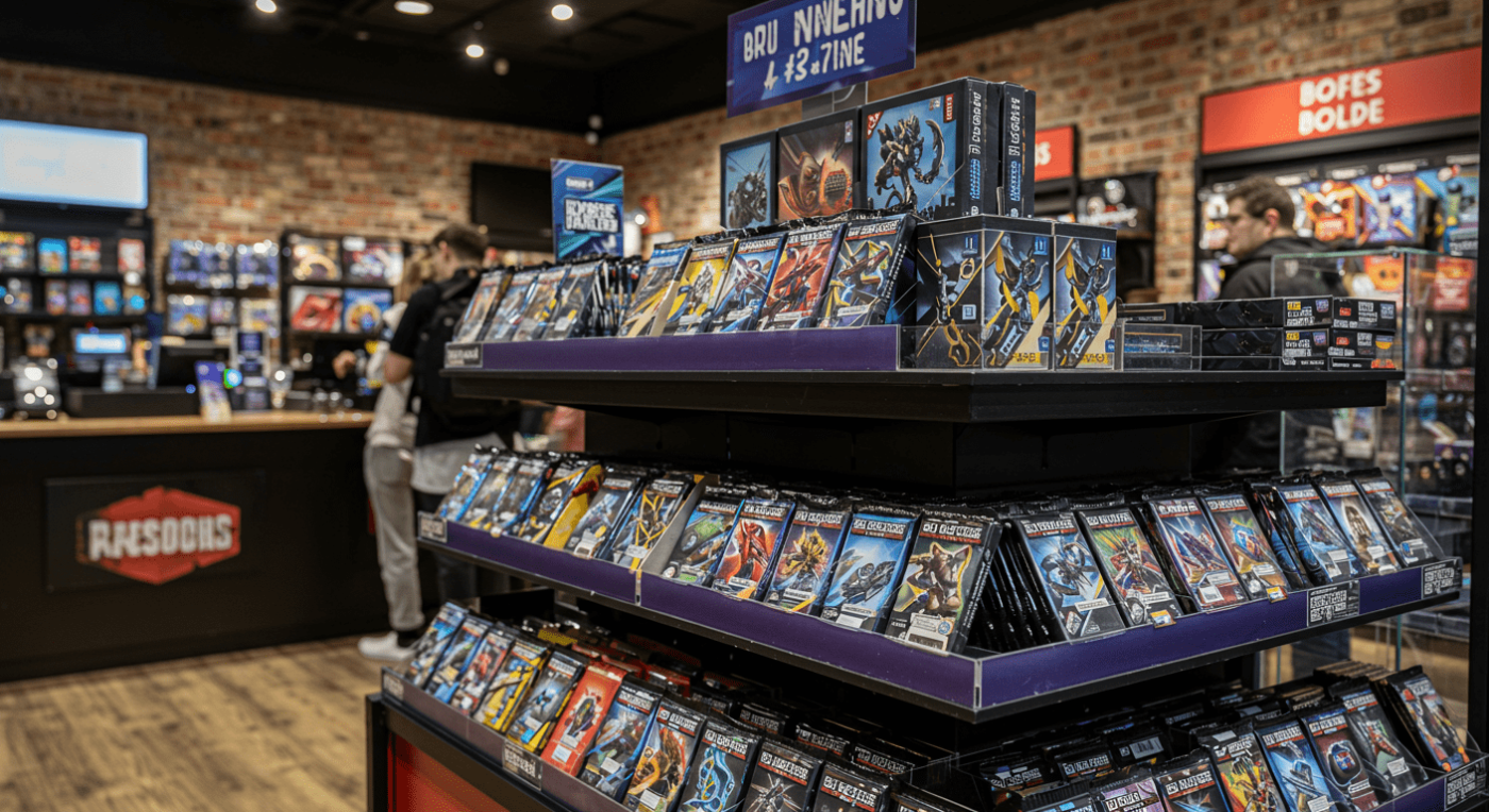 A game store display featuring colorful card game boxes, with shoppers in the background.