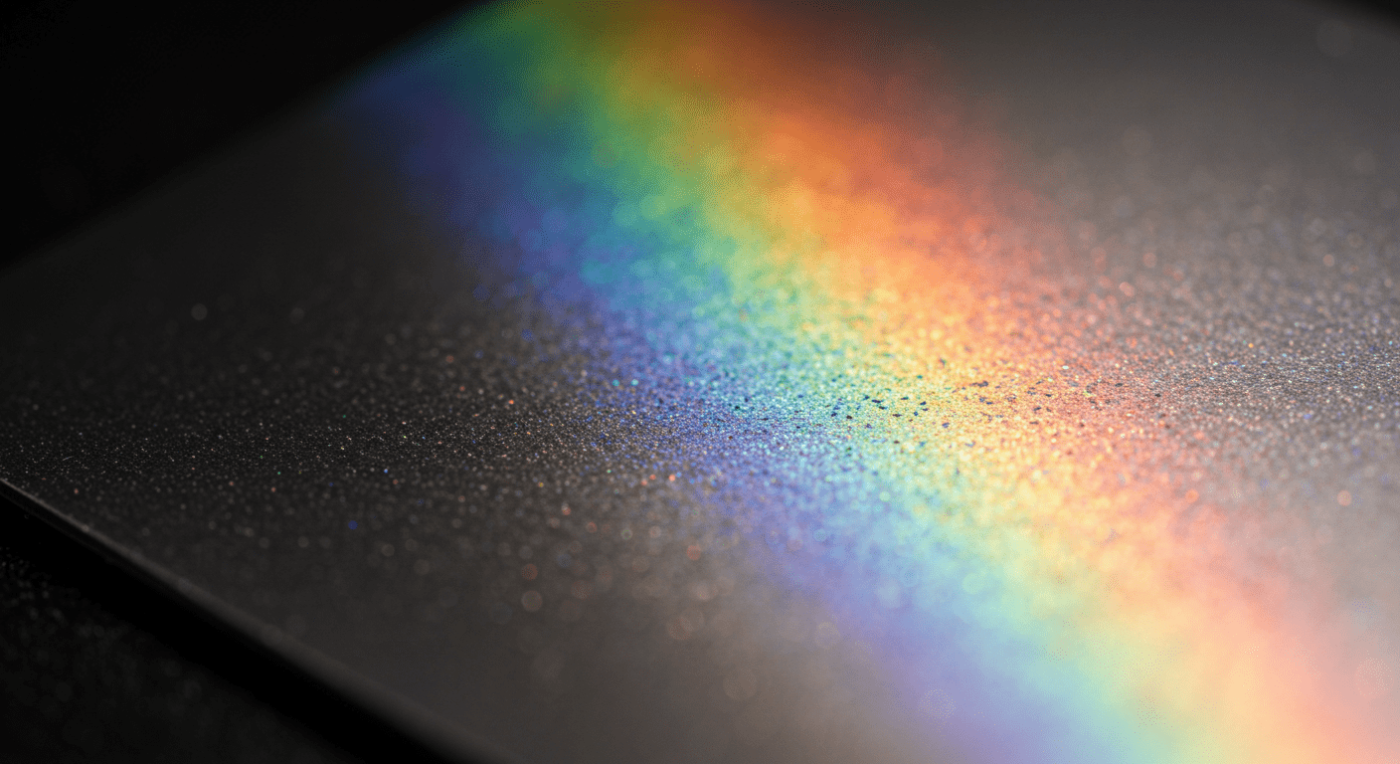 A close-up of a dark surface with a colorful rainbow gradient shimmering through sparkling droplets.