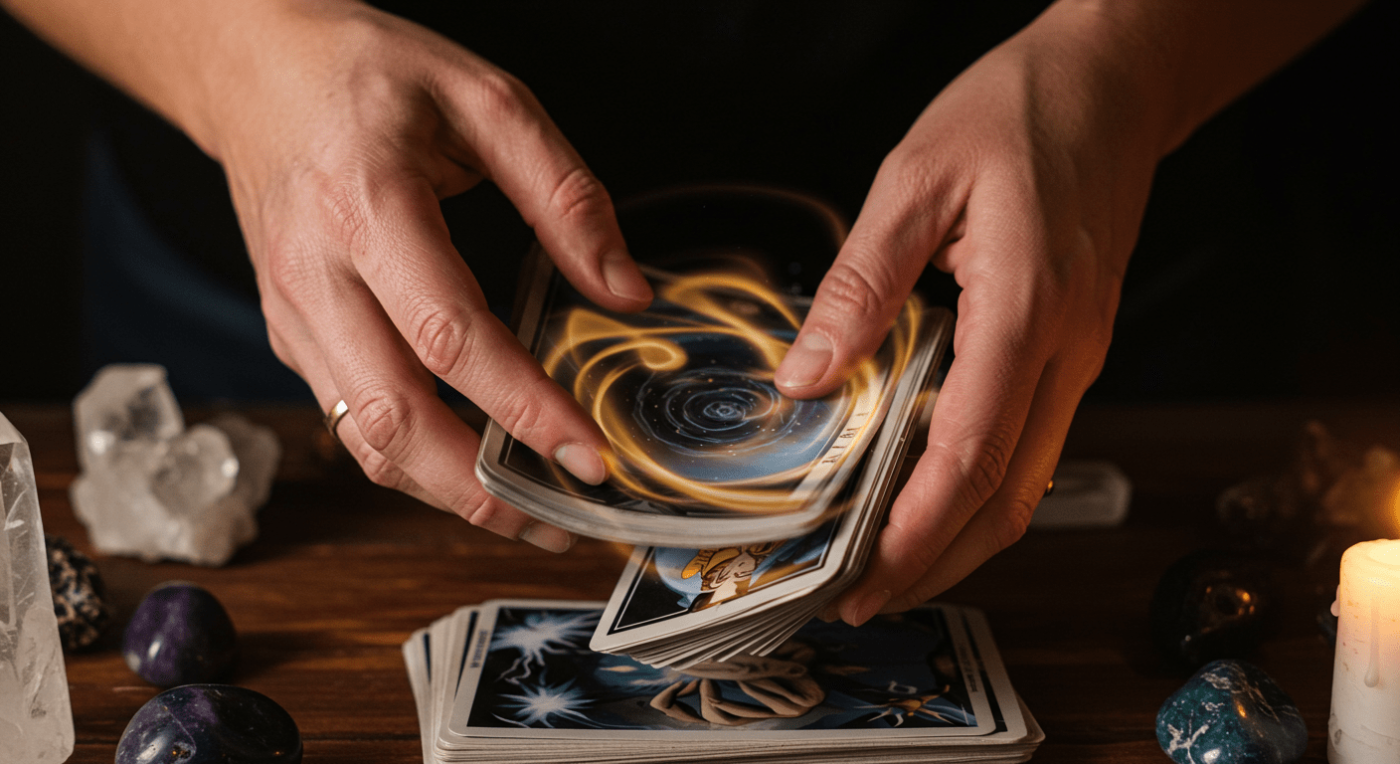 Hands shuffling a deck of tarot cards surrounded by crystals and a lit candle on a wooden surface, creating a mystical and spiritual atmosphere.
