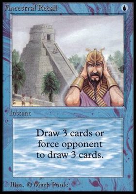 Ancestral Recall, a powerful blue MTG card from the Power Nine. Its effect, drawing three cards for one mana, makes it a legendary card advantage spell.
