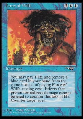 Force of Will, a format-defining blue MTG counterspell. Its ability to be cast for free by exiling a blue card makes it one of the most powerful interactive spells in Magic.