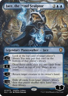 Jace, the Mind Sculptor, an iconic MTG planeswalker card. Pictured here as a fox creature, his four versatile abilities make him a benchmark for powerful control cards.