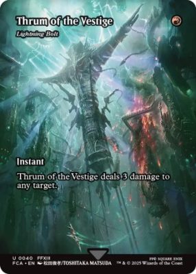 The iconic MTG instant Lightning Bolt, shown as the 'Thrum of the Vestige' crossover card. Its efficiency—dealing 3 damage for one red mana—makes it a timeless, powerful spell.