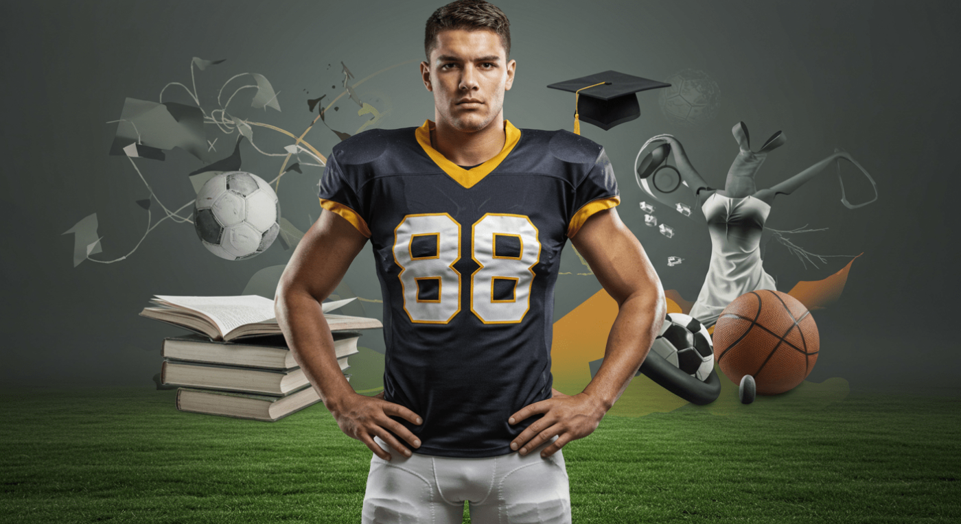 A football player in a navy jersey stands confidently amidst sports icons, books, and a graduation cap.