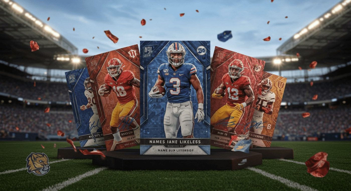 Four collectible football cards featuring players in uniforms on a field with a stadium backdrop.