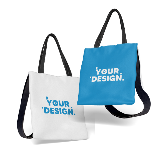 a blue and a white tote bag with your design written on it