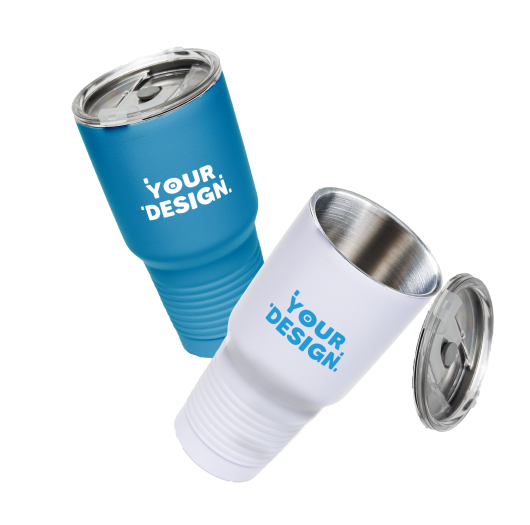 a white and a blue custom tumbler with your design written on it