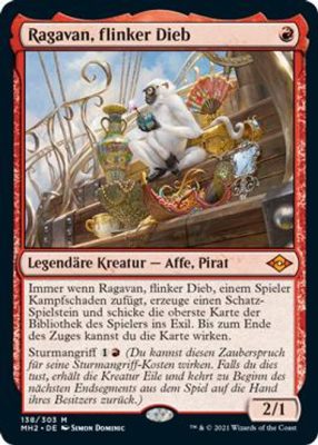 Ragavan, Nimble Pilferer, a powerful modern MTG creature. This one-mana monkey pirate generates mana and card advantage, embodying overwhelming turn-one efficiency.