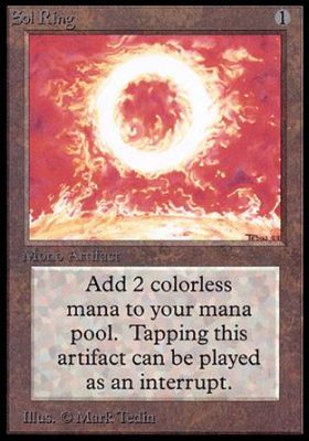 The iconic Sol Ring MTG card. A one-cost artifact that taps for two colorless mana, making it one of the most powerful and popular cards in the Commander format.