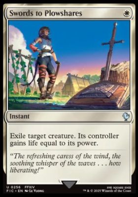 Swords to Plowshares, one of the most efficient creature removal spells in MTG. This version shows a character in a field, representing the card's power to exile any creature for one mana.