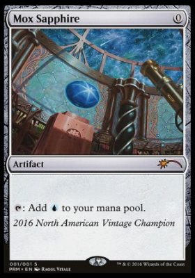 Mox Sapphire, a zero-cost MTG artifact from the Power Nine. A powerful card that adds one blue mana for free, accelerating a player's game plan from turn one.