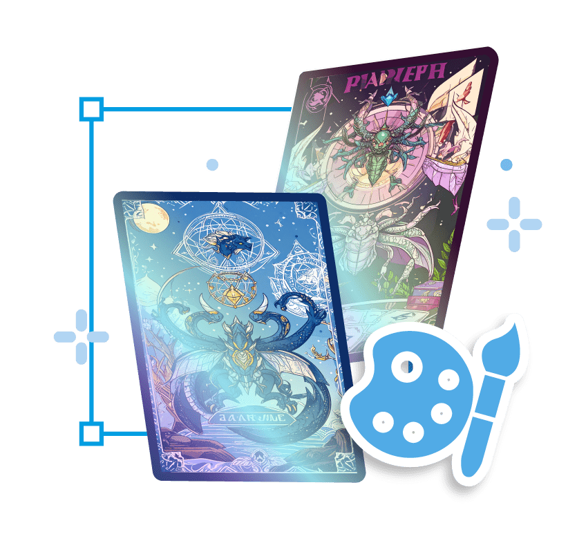 Two colorful tarot cards featuring mystical designs, one with moon and stars.