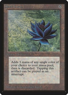 The Black Lotus card from MTG's Power Nine. A zero-cost artifact showing a black flower, known for adding three mana for explosive, game-winning plays.