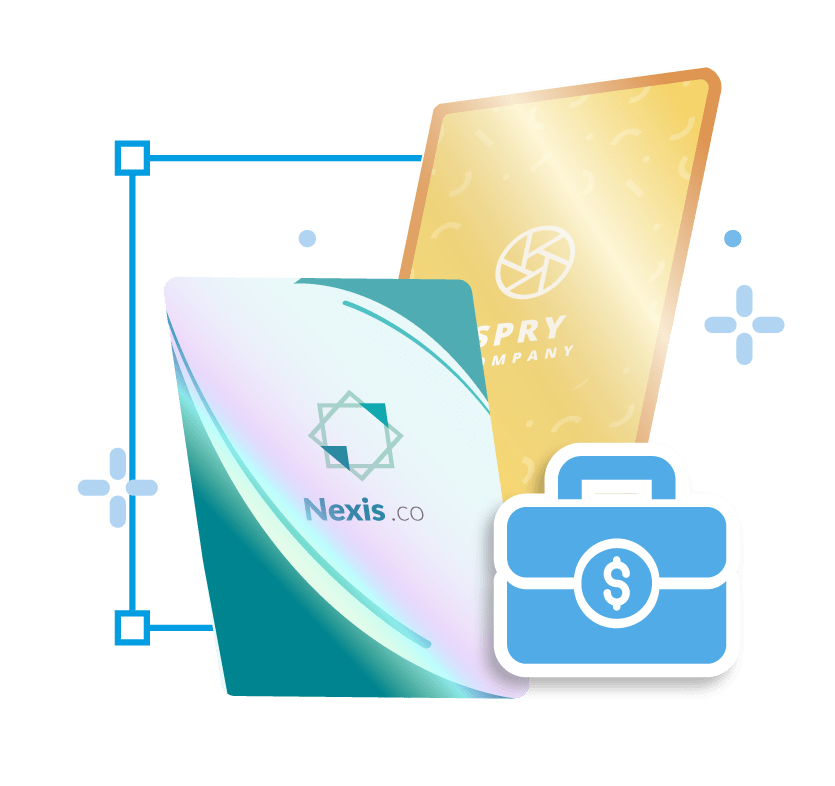 Two colorful cards labeled Nexis.co and Spry Company, alongside a blue money briefcase icon.
