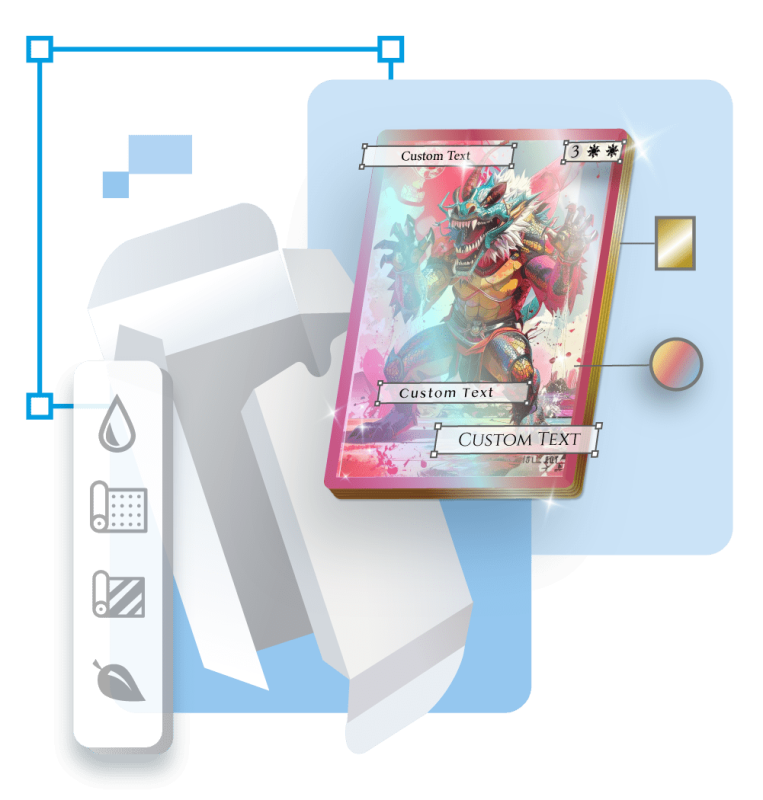 A colorful custom card featuring a dragon-like creature, surrounded by design tools and packaging elements.