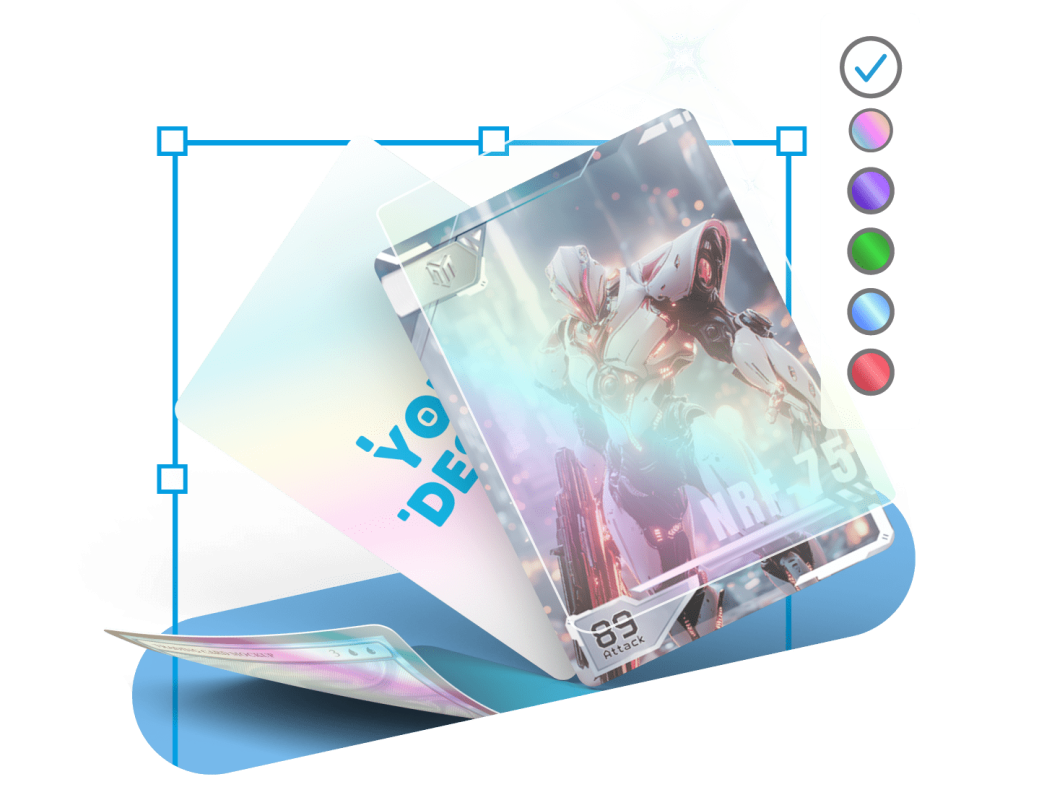 A holographic card featuring a robot character, partially overlapping a colored card with text.