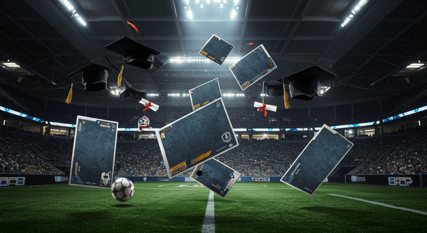 Graduation caps and diplomas flying over a soccer field with a ball.