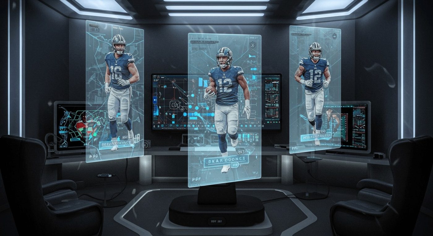 A futuristic room with holograms of three football players, two computer screens, and modern chairs.
