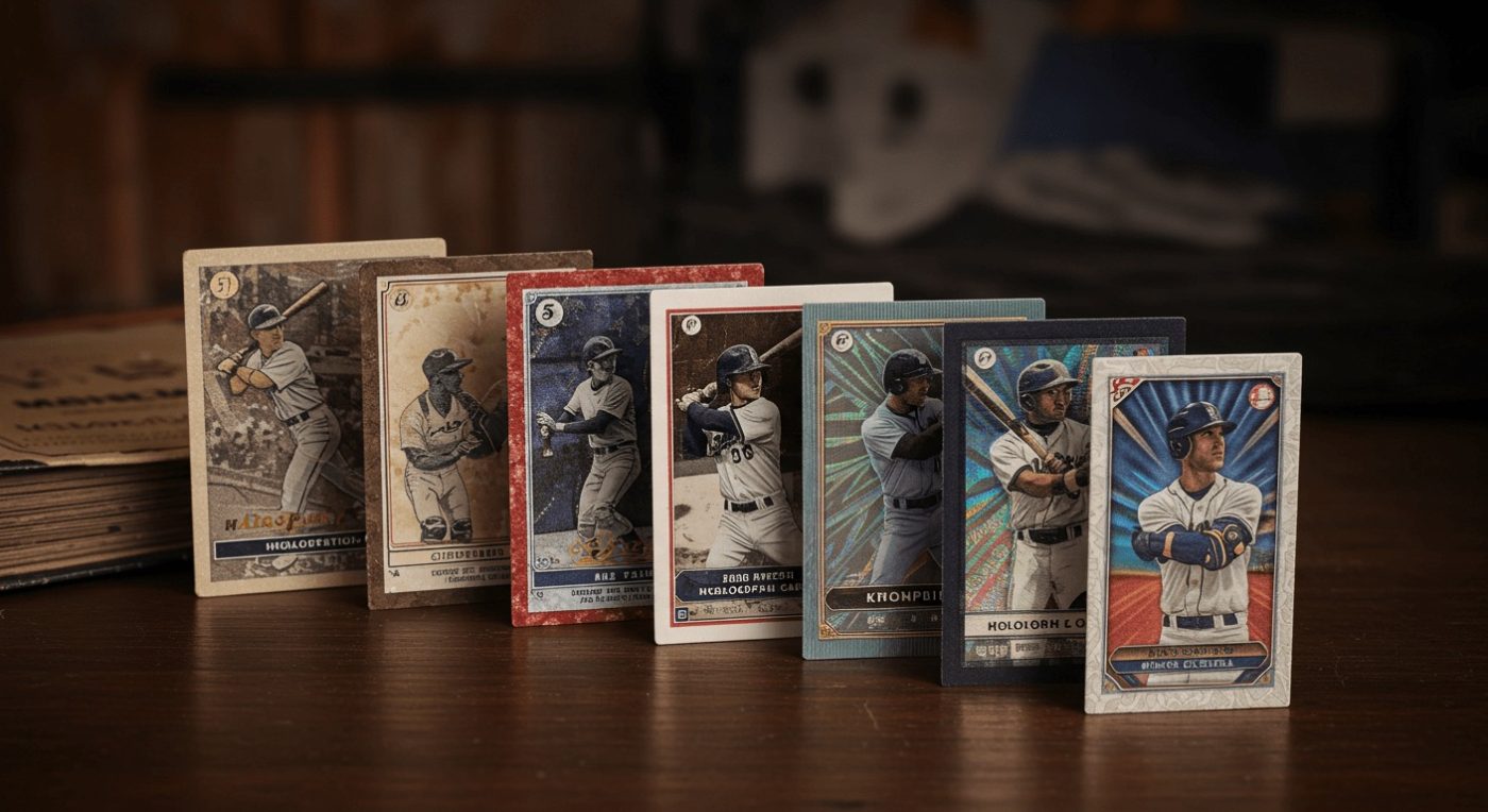 Eight baseball cards featuring players in batting poses, displayed on a wooden table.