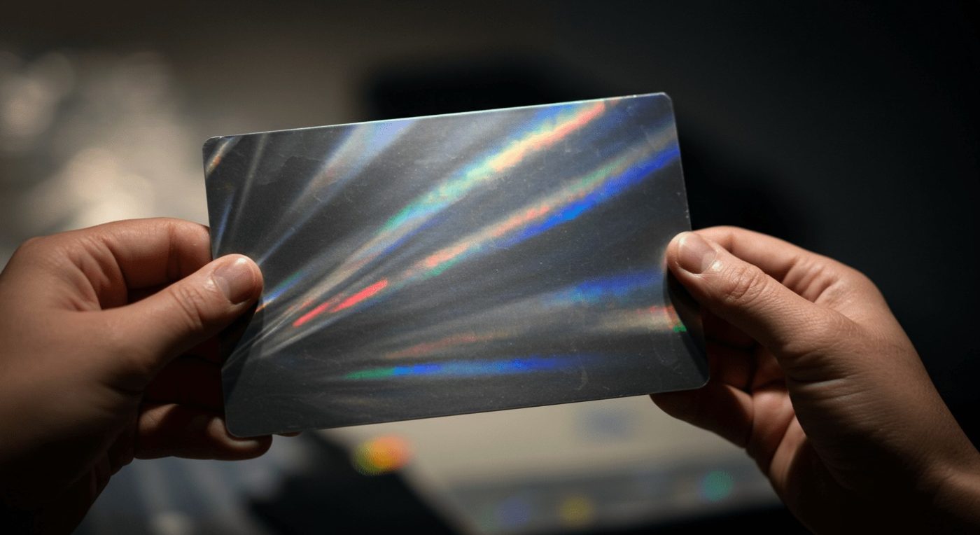 Two hands holding a shiny holographic card reflecting colorful lights.