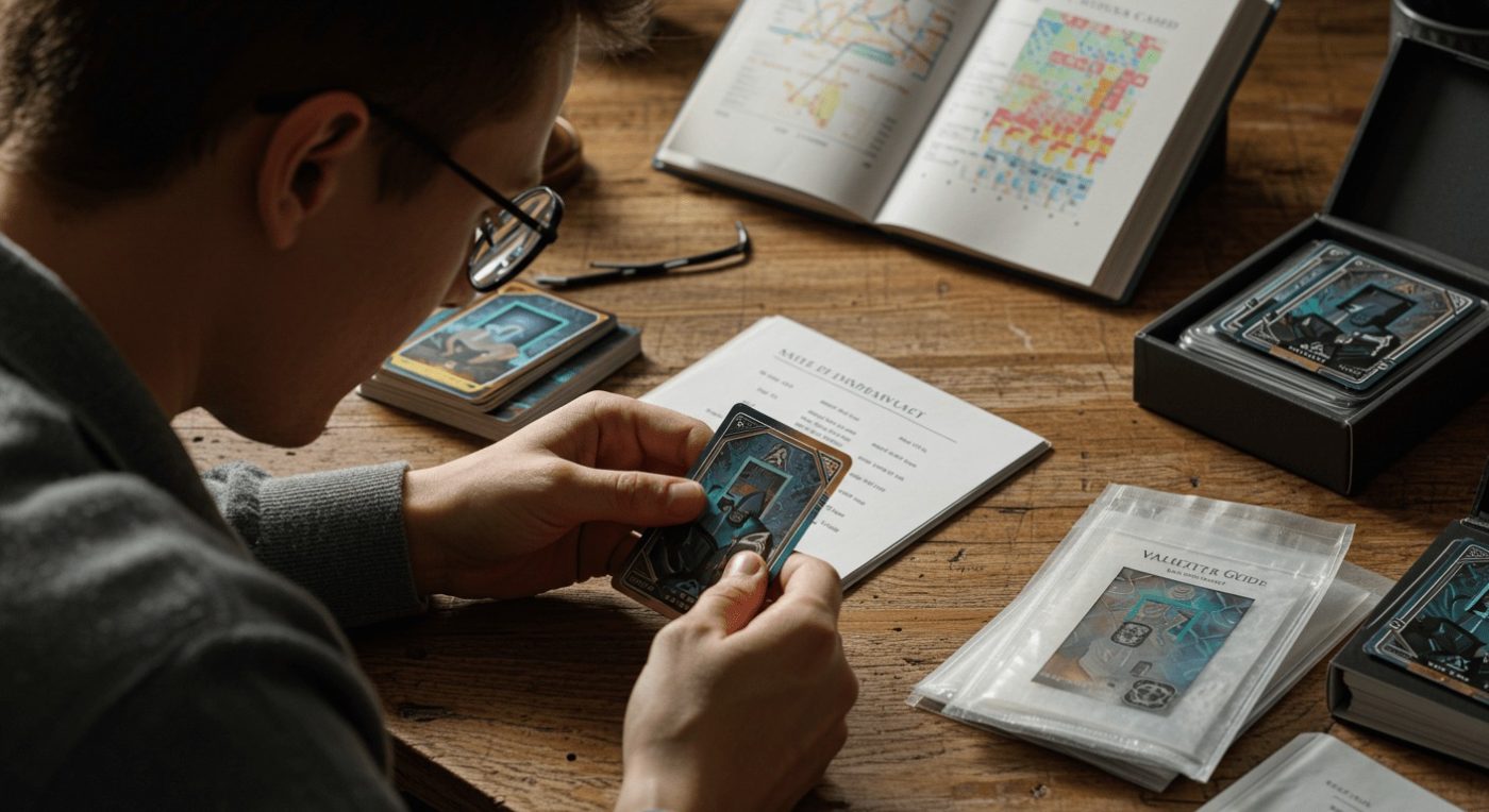 A person examines a card in their hands, surrounded by game materials like a book and packs of cards on a wooden table.