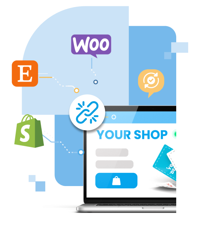image of laptop with WooCommerce, Etsy and Shopify logos