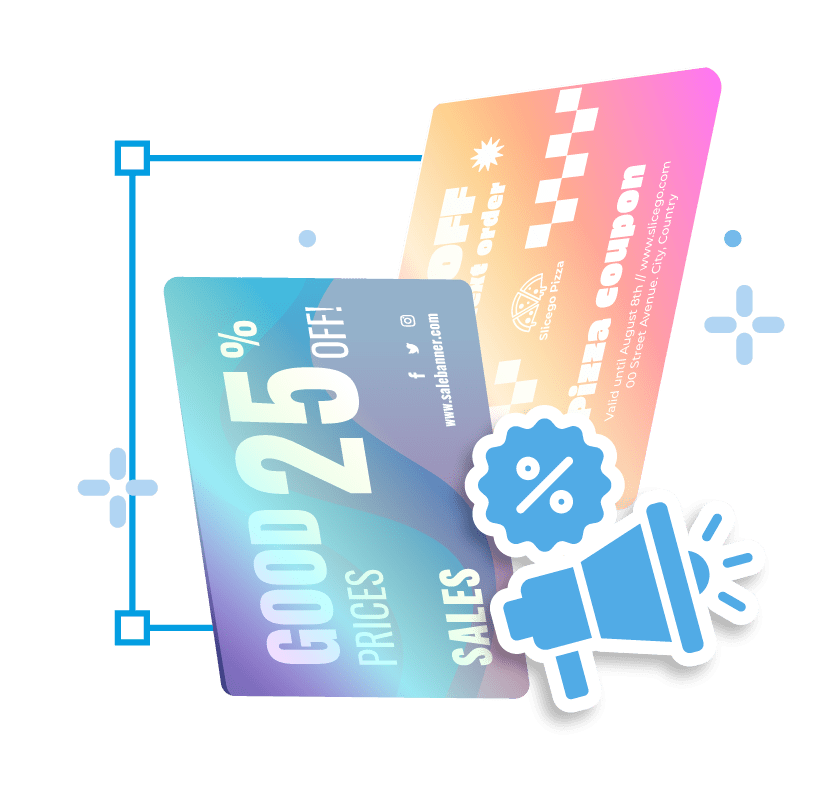 Two colorful discount cards, one offers 25% off, the other is a pizza coupon with valid dates.