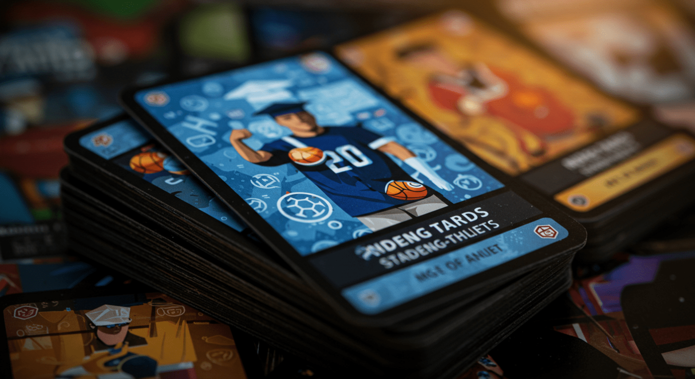 A stack of colorful playing cards featuring a cartoon athlete in a blue jersey with the number 20, holding a basketball.
