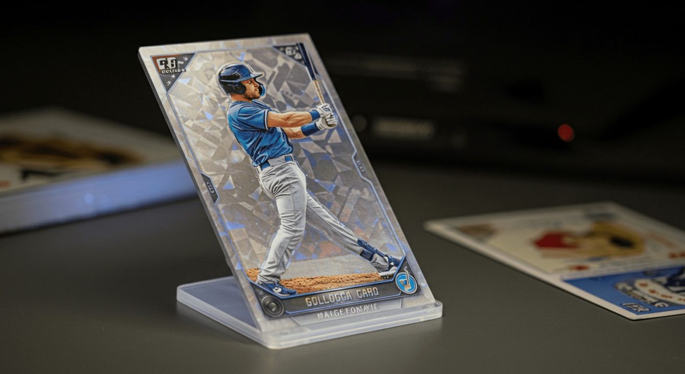 A baseball card featuring a player in a blue uniform, displayed upright on a gray surface.