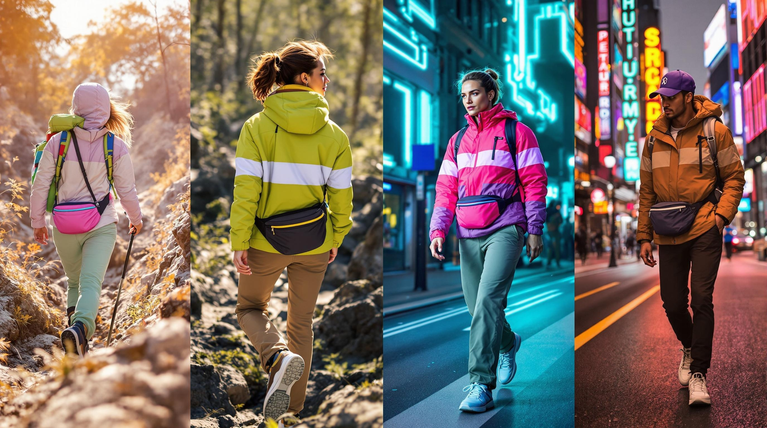 A collage showing the versatility of color block fanny packs, with people wearing them while hiking in a forest and walking through modern, neon-lit city streets.