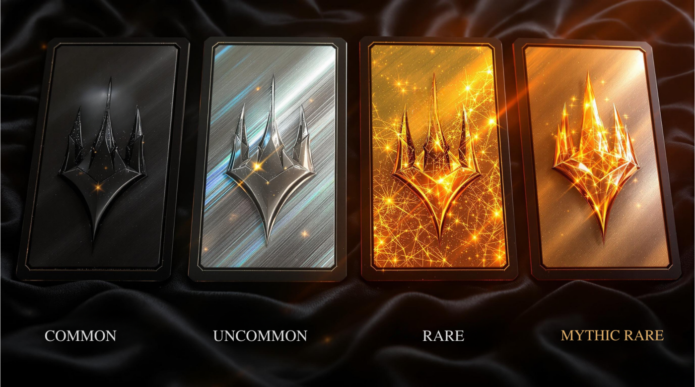 A visual guide to MTG rarity symbols, showing four Magic: The Gathering style cards with labeled black (Common), silver (Uncommon), gold (Rare), and orange-red (Mythic Rare).