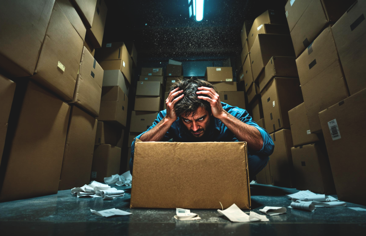 Illustrating the inventory risk of a traditional TCG business model, showing a stressed business owner surrounded by unsold stock.