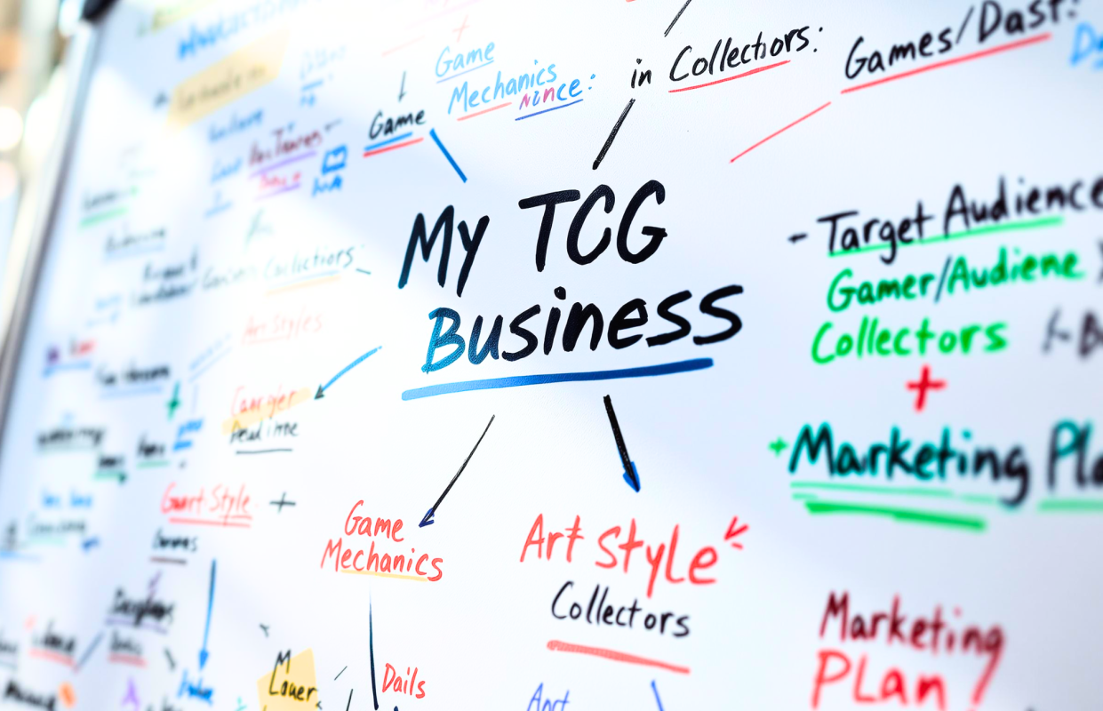 A whiteboard showing a detailed business plan and niche market strategy for starting a new TCG business.
