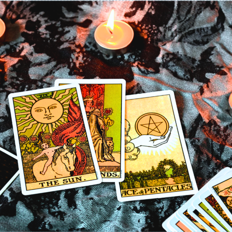 A professionally printed custom tarot card deck.