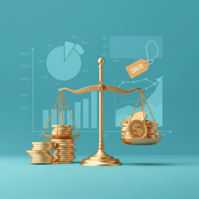 Balance scale with money and price tag