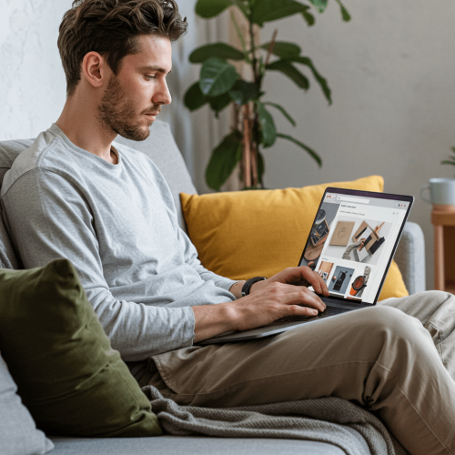 Man sitting on a sofa with a laptop, working in a cozy home setting with green and yellow cushions and a plant in the background.
